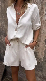 Women's Two Piece Set Collared Shirt Roll Tab Sleeve Shorts – Summer Outings