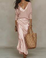 Women's Two-Piece Set Maxi Slip Dress V-Neck Sweater – Resort Daytime