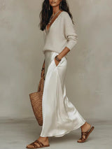Women's Two-Piece Set Maxi Slip Dress V-Neck Sweater – Resort Daytime