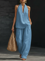 Women's Two-Piece Set Wide Leg Halter V-Neck – Beach Vacation Resort
