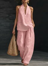 Women's Two-Piece Set Wide Leg Halter V-Neck – Beach Vacation Resort