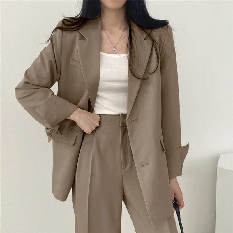 Women's Two Piece Suit Set Notch Lapel Blazer Wide Leg Trouser – Office Wear