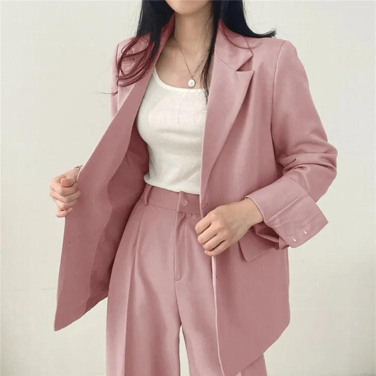 Women's Two Piece Suit Set Notch Lapel Blazer Wide Leg Trouser – Office Wear