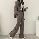 Women's Two Piece Suit Set Notch Lapel Blazer Wide Leg Trouser – Office Wear