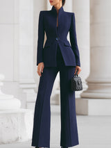 Women's Two Piece Suit Set Stand Collar Wide Leg Pants – Office Wear