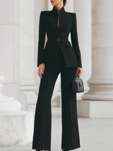 Women's Two Piece Suit Set Stand Collar Wide Leg Pants – Office Wear