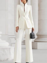 Women's Two Piece Suit Set Stand Collar Wide Leg Pants – Office Wear