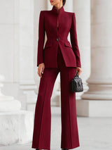 Women's Two Piece Suit Set Stand Collar Wide Leg Pants – Office Wear
