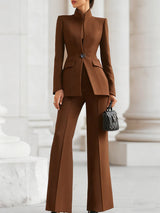 Women's Two Piece Suit Set Stand Collar Wide Leg Pants – Office Wear