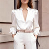 Women's V Neck Blouse Long Puff Sleeve Mandarin Collar – Dinner Party
