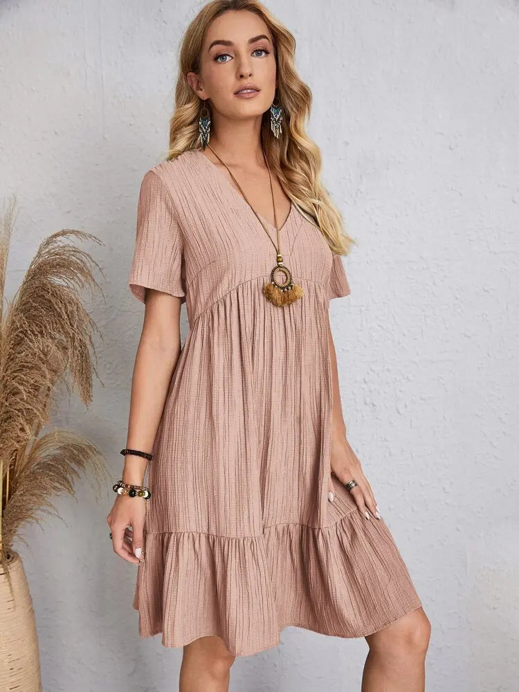 Women's V Neck Mini Dress Short Sleeve Empire Seam Tiered Hem – Summer Casual