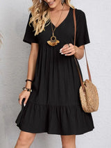 Women's V Neck Mini Dress Short Sleeve Empire Seam Tiered Hem – Summer Casual