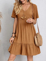 Women's V Neck Mini Dress Short Sleeve Empire Seam Tiered Hem – Summer Casual