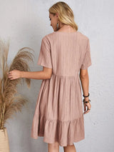 Women's V Neck Mini Dress Short Sleeve Empire Seam Tiered Hem – Summer Casual