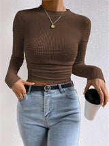 Women's Waffle Knit Crop Top Round Neck Long Sleeve – Lunch Meetup
