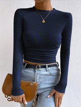 Women's Waffle Knit Crop Top Round Neck Long Sleeve – Lunch Meetup