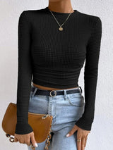 Women's Waffle Knit Crop Top Round Neck Long Sleeve – Lunch Meetup