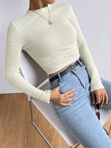 Women's Waffle Knit Crop Top Round Neck Long Sleeve – Lunch Meetup