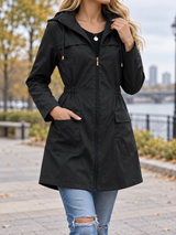 Women’s Waterproof Rain Jacket Drawstring Neckline Zip Front Patch Pockets – Rainy Day Commutes