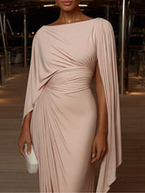 Women's Wedding Guest Dress Draped Bateau Neck Pleated Cape – Formal Dinner