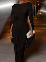 Women's Wedding Guest Dress Draped Bateau Neck Pleated Cape – Formal Dinner