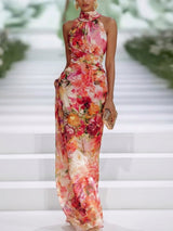Women's Wedding Guest Dress Floral Halter Neck Maxi – Garden Ceremony