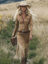 Women's Western Fringe Midi Dress Long Sleeve Zip Front – Country Concert