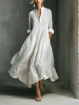 Women's White Maxi Dress Split Neck Ruffle Hem – Garden Party