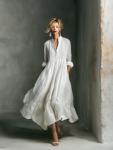Women's White Maxi Dress Split Neck Ruffle Hem – Garden Party