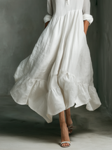 Women's White Maxi Dress Split Neck Ruffle Hem – Garden Party