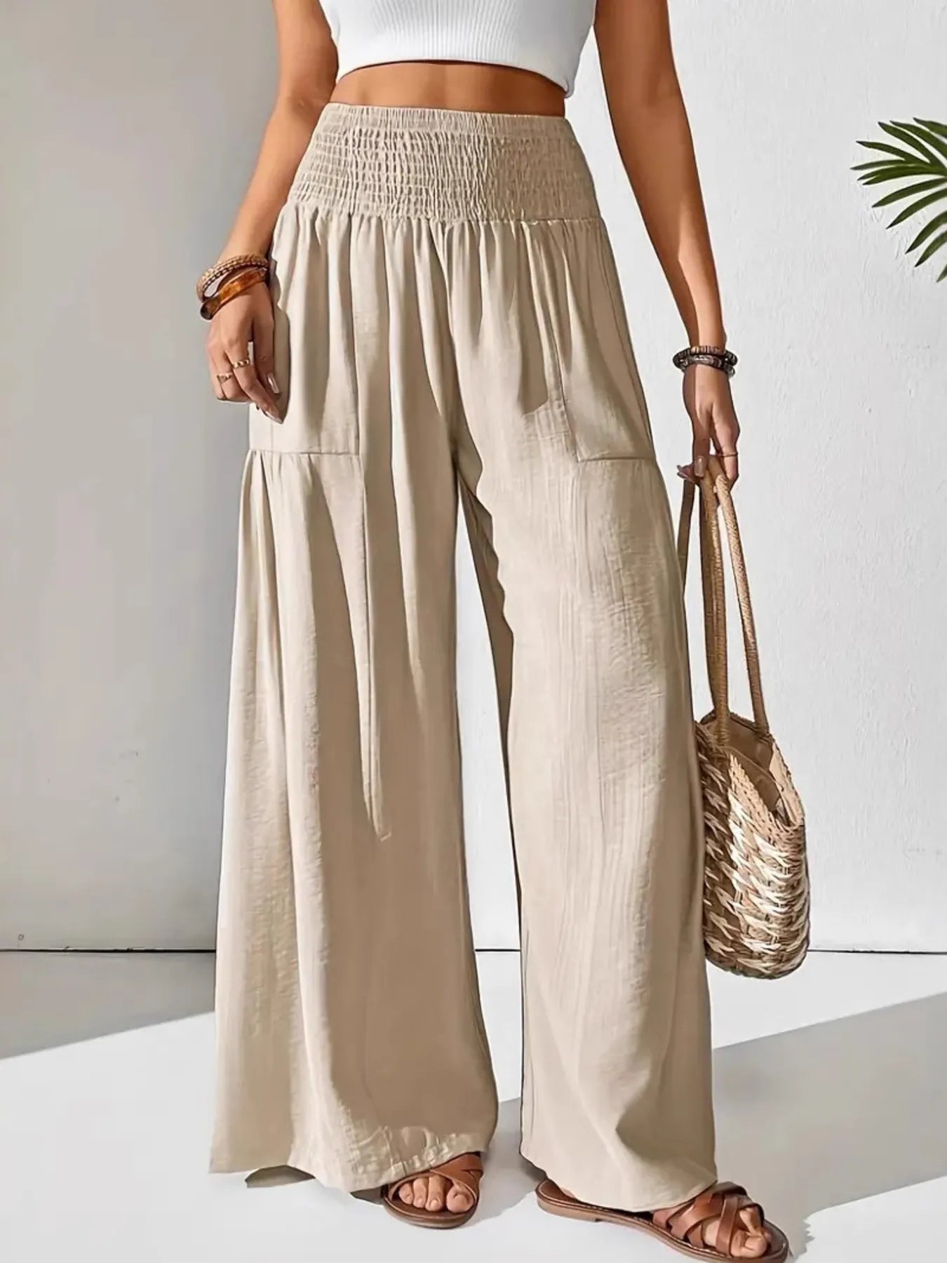 Women's Wide Leg Pants Smocked High Waist Lounge –Casual Wear
