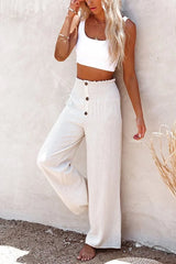 Women's Wide Leg Pants Smocked Waist Button Front – Beach Vacation
