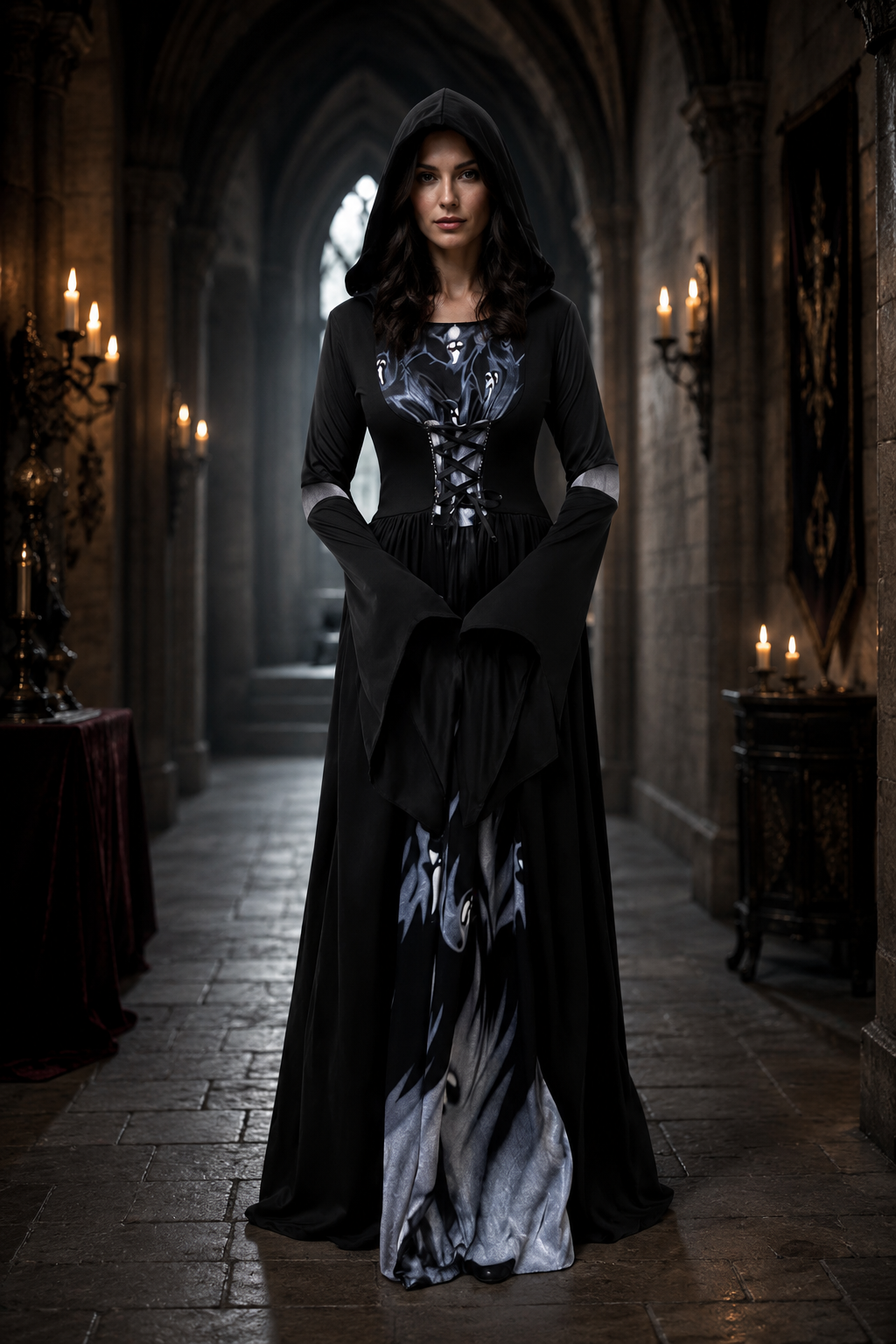 Women's Witch Dress Hooded Lace-Up Flare Sleeve – Halloween Moonlight Event