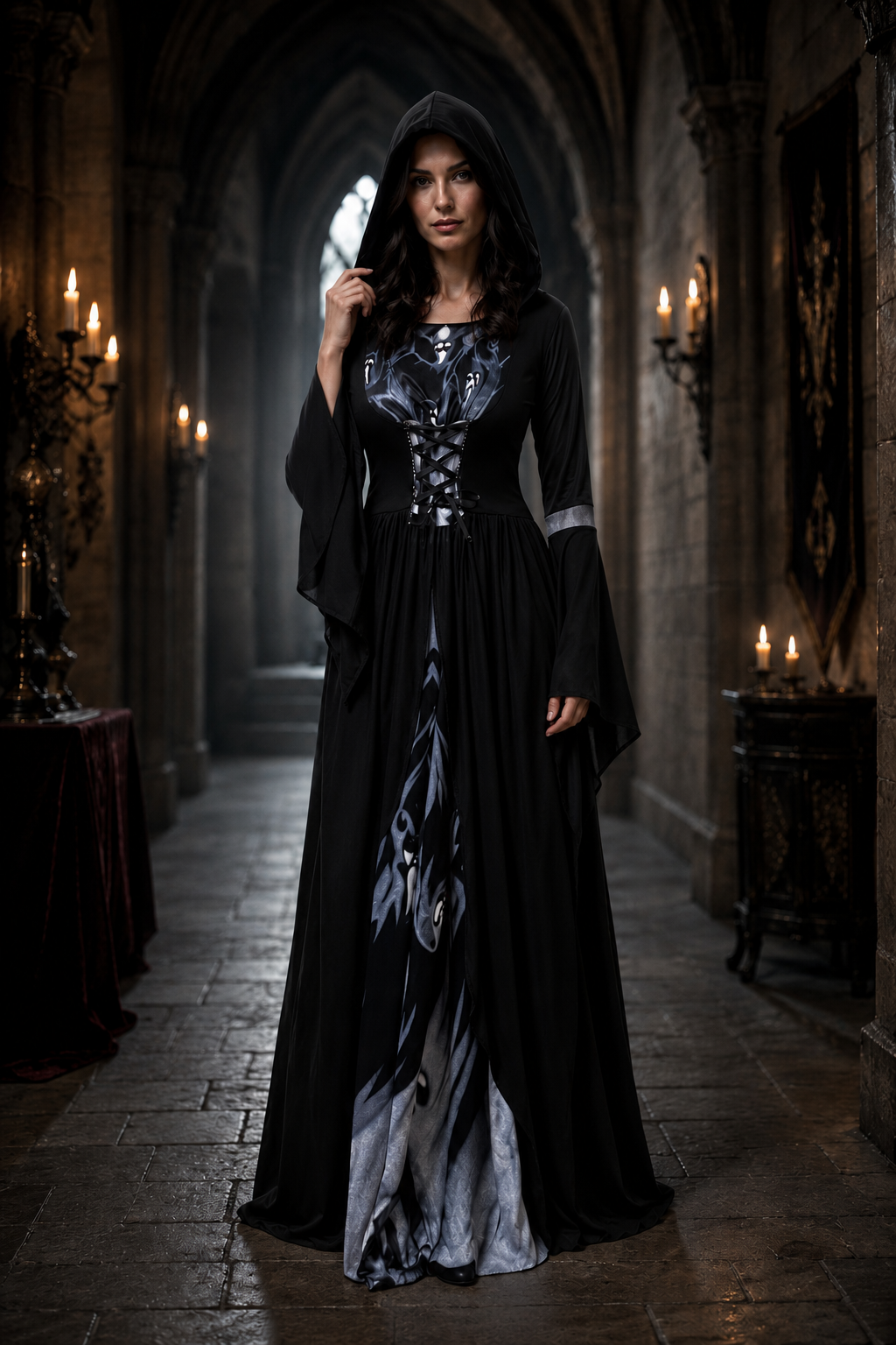 Women's Witch Dress Hooded Lace-Up Flare Sleeve – Halloween Moonlight Event