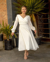 Women's Wrap Midi Dress A-Line V-Neck Long Sleeve – Wedding Guest