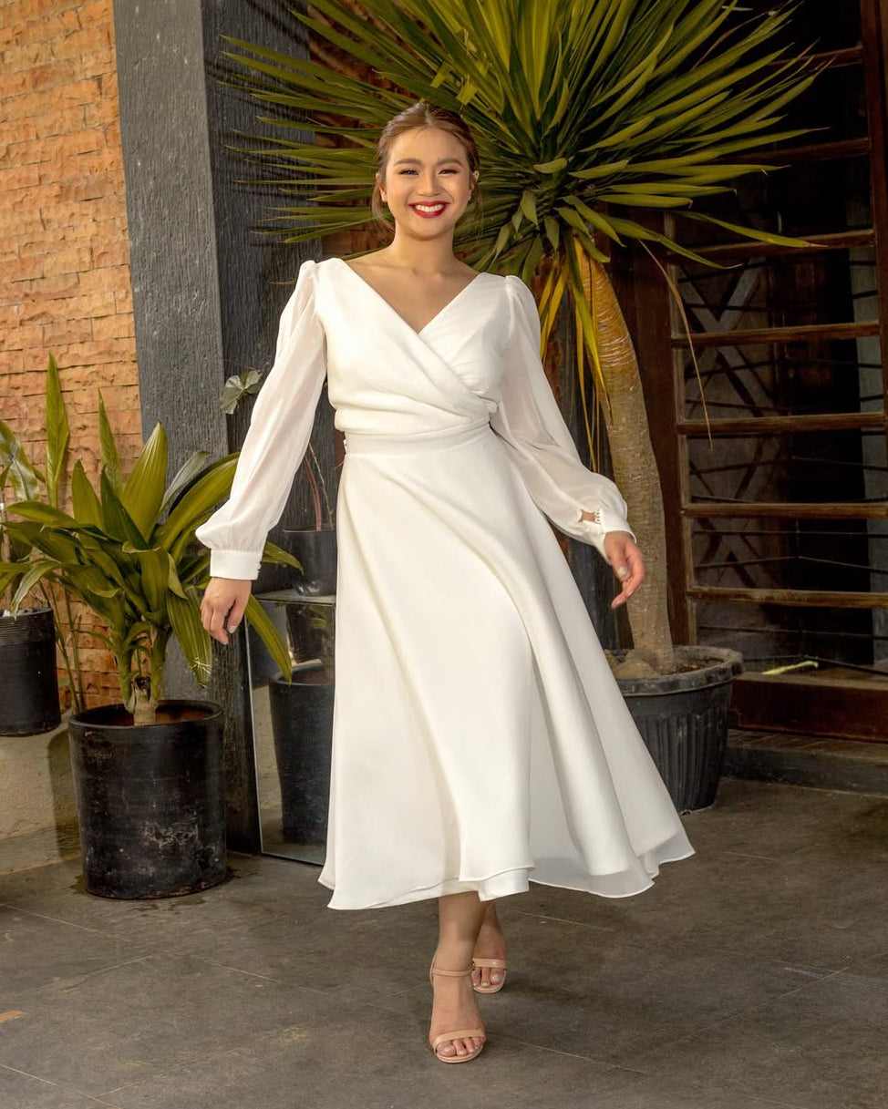 Women's Wrap Midi Dress A-Line V-Neck Long Sleeve – Wedding Guest
