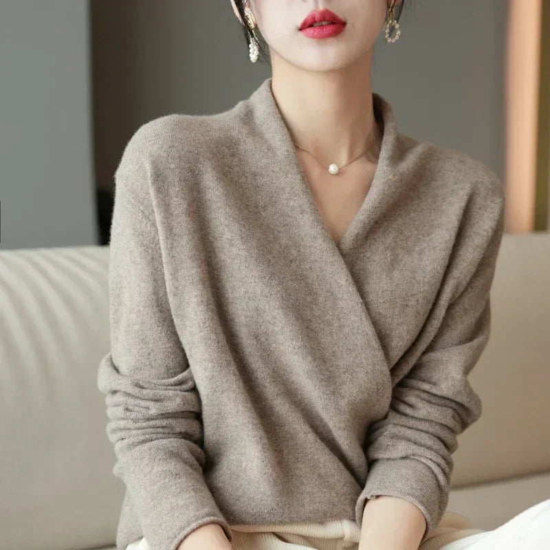 Women's Wrap Sweater V Neck Long Sleeve Pullover Ribbed Hem – Workwear