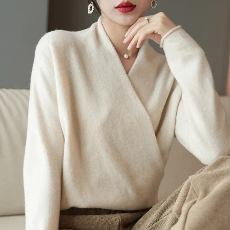 Women's Wrap Sweater V Neck Long Sleeve Pullover Ribbed Hem – Workwear