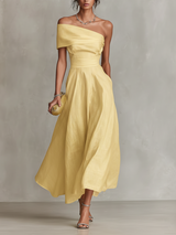 Women's Yellow Maxi Dress Off Shoulder Foldover A-Line – Garden Party Reception