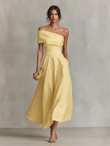Women's Yellow Maxi Dress Off Shoulder Foldover A-Line – Garden Party Reception