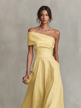 Women's Yellow Maxi Dress Off Shoulder Foldover A-Line – Garden Party Reception