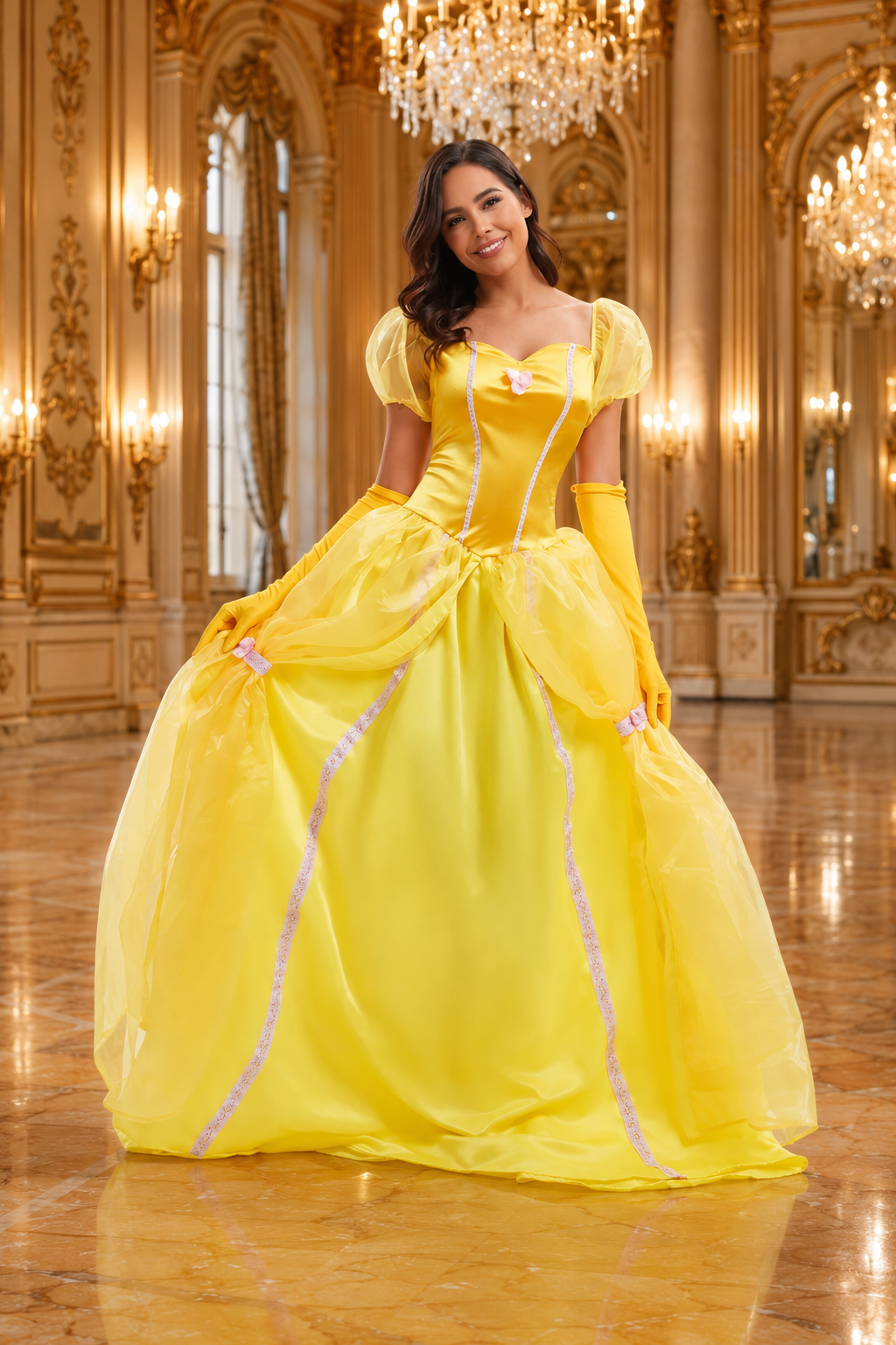 Women's Yellow Princess Dress Costume Puff Sleeve Waist Bow – Halloween Ball