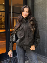Women's Zip Up Utility Jacket Stand Collar Pocket – Date Night