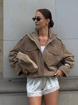Women's Zip Up Utility Jacket Stand Collar Pocket – Date Night